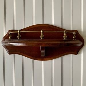 Vintage Wooden Wall Shelf with Brass Coated Gallery Rail